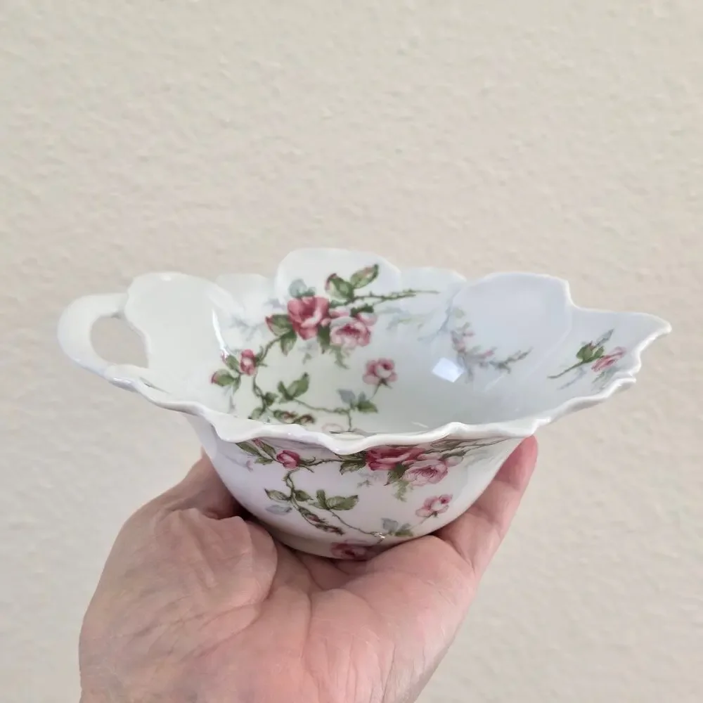 Haviland Limoges France Vintage Floral Handle Dish Pink Roses Porcelain Scallop